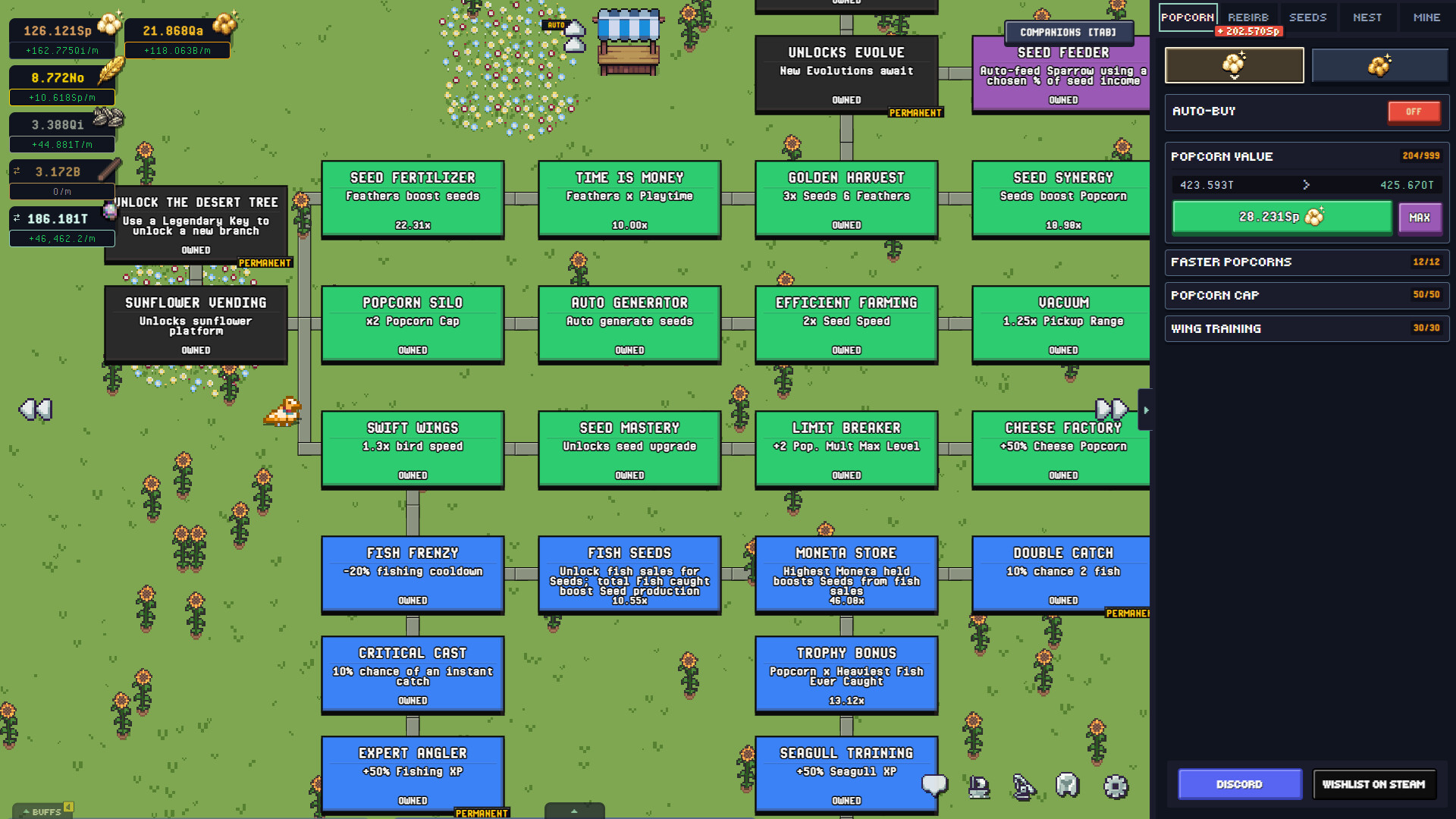 Official Birb screenshot showing the upgrade tree and Popcorn shop.